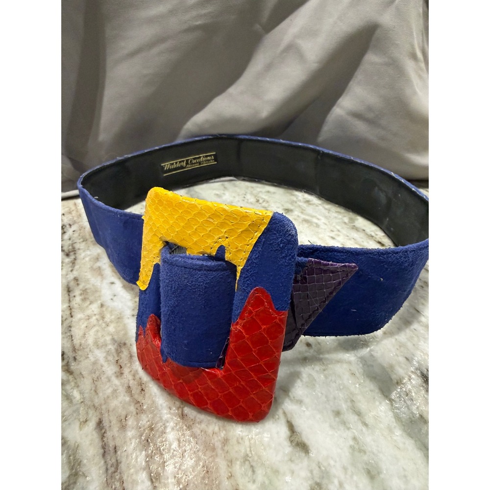 Waldorf Creations Belt Suede Leather Bold Buckle Red Yellow Blue Statement